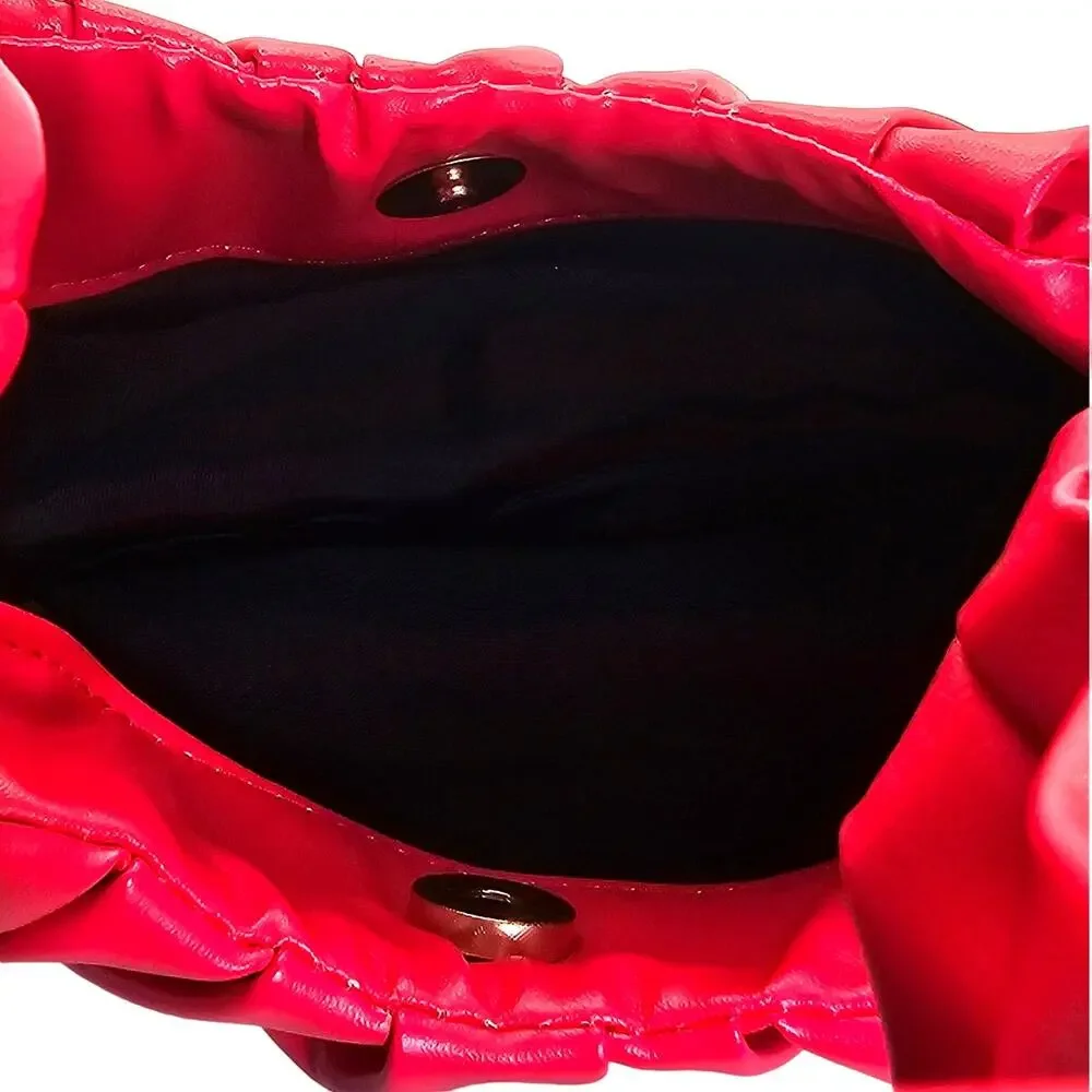 Red Puffy Ruched Hobo Small Mini Tote Handbag